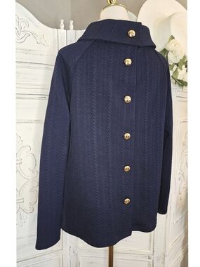 Sail To Sable Navy Rope Knit Gold Buttons Cowl Neckline Long Sleeves Sweater